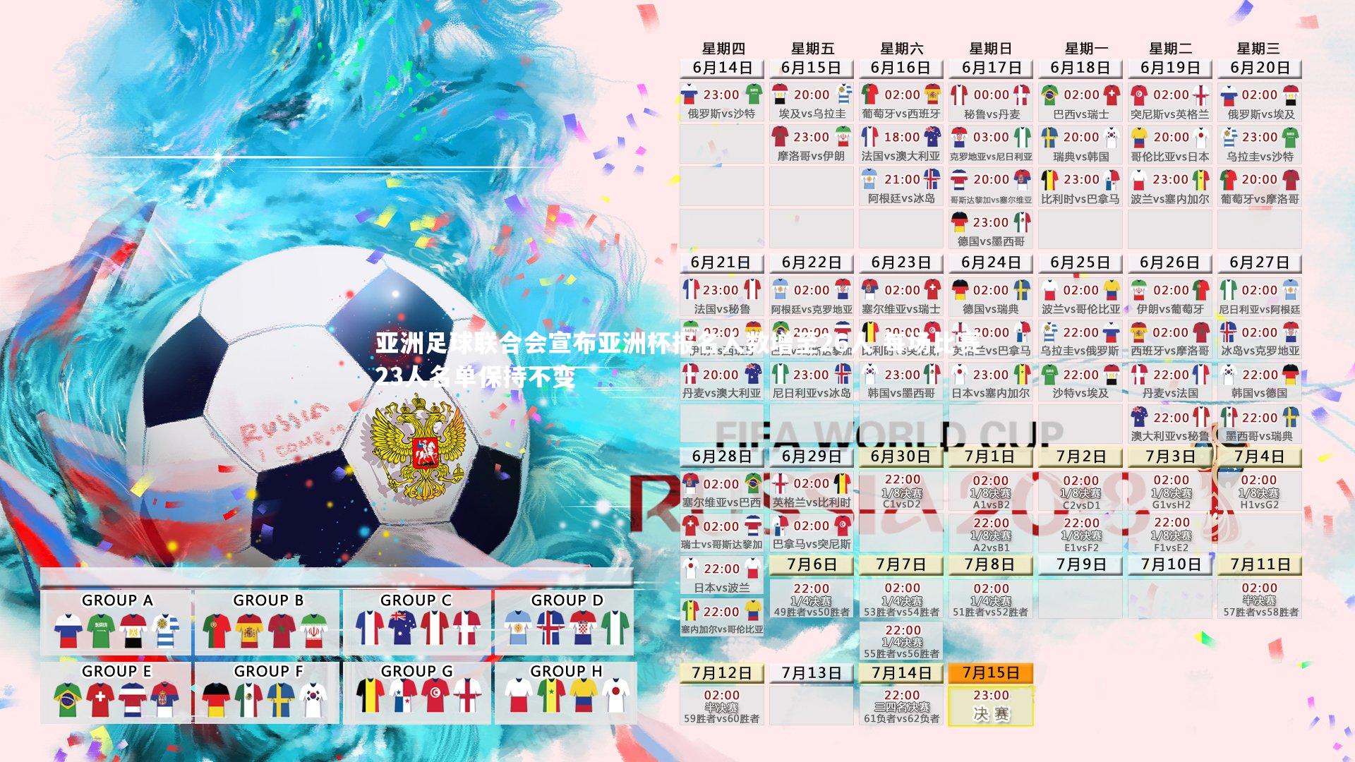 亚洲足球联合会宣布亚洲杯报名人数增至26人 每场比赛23人名单保持不变